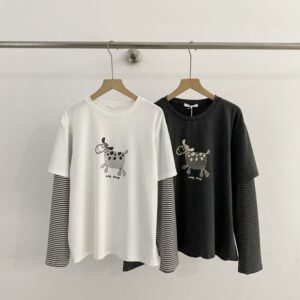 韓系卡通小羊印花假兩件條紋袖T恤：圖片 3