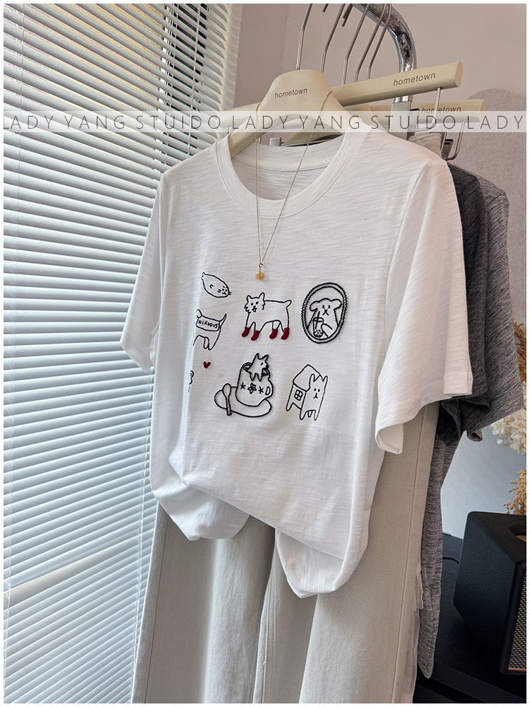 🩷chic新裝! 明線刺繡可愛小貓竹節棉薄款T恤：圖片 2