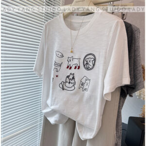 🩷chic新裝! 明線刺繡可愛小貓竹節棉薄款T恤：圖片 4