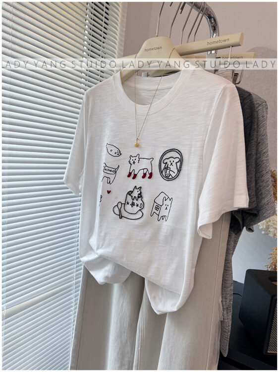 🩷chic新裝! 明線刺繡可愛小貓竹節棉薄款T恤