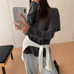 韓系卡通小羊印花假兩件條紋袖T恤：圖片 2