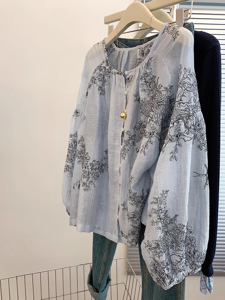 🩷chic新裝! 高級感寬鬆慵懶風刺繡藍色長袖襯衫：圖片 9