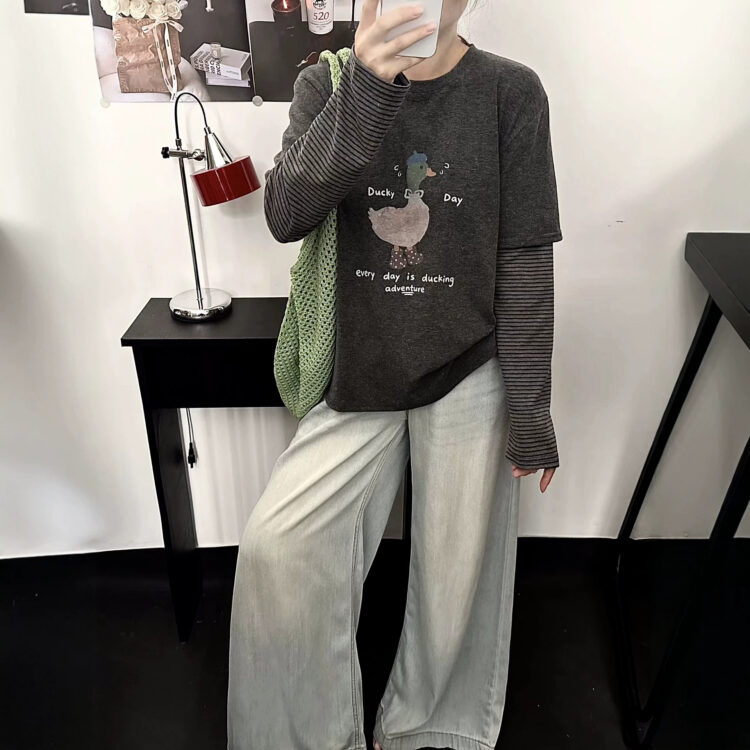韓系小眾！秋季圓領假兩件長袖棉質T恤
