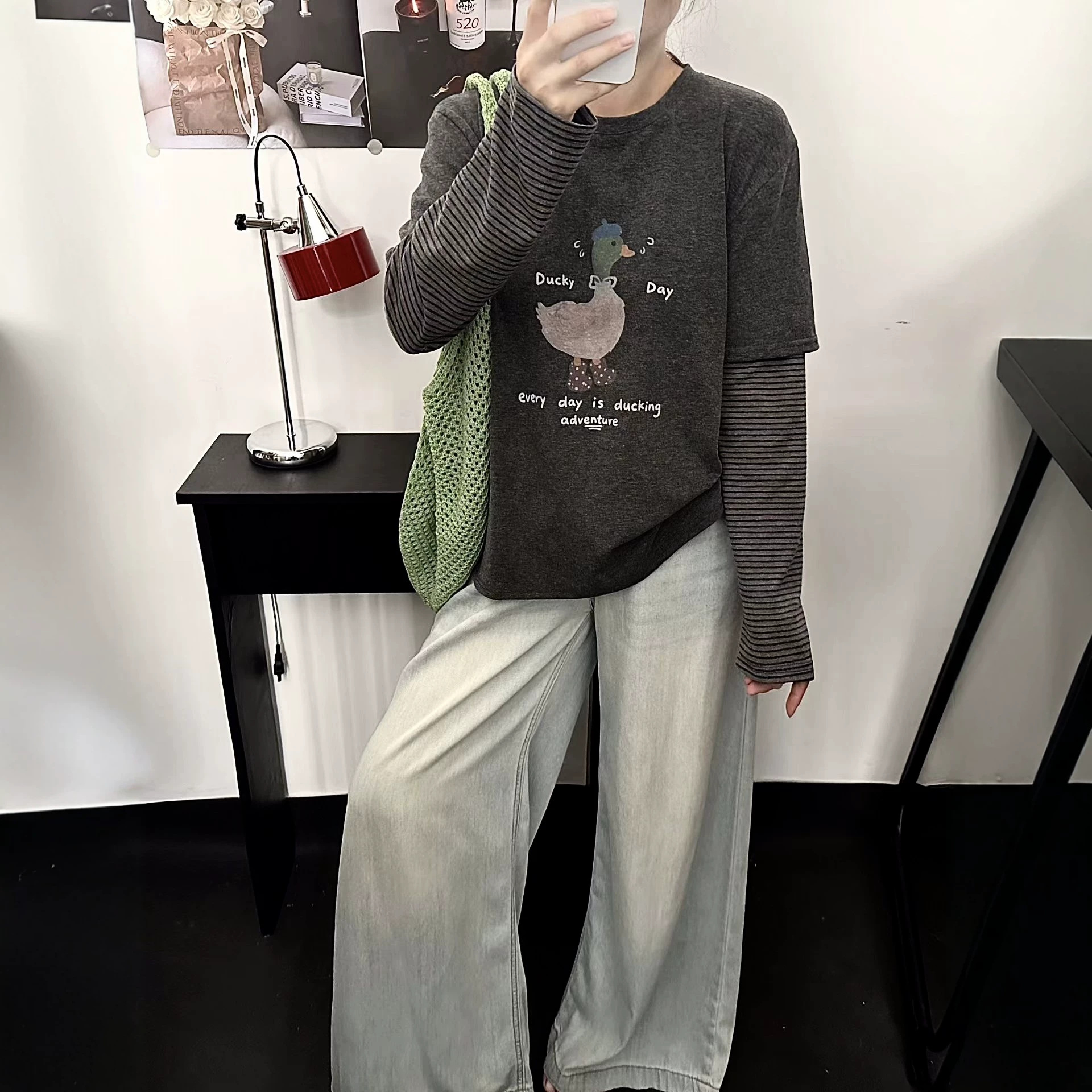 韓系小眾！秋季圓領假兩件長袖棉質T恤：圖片 2