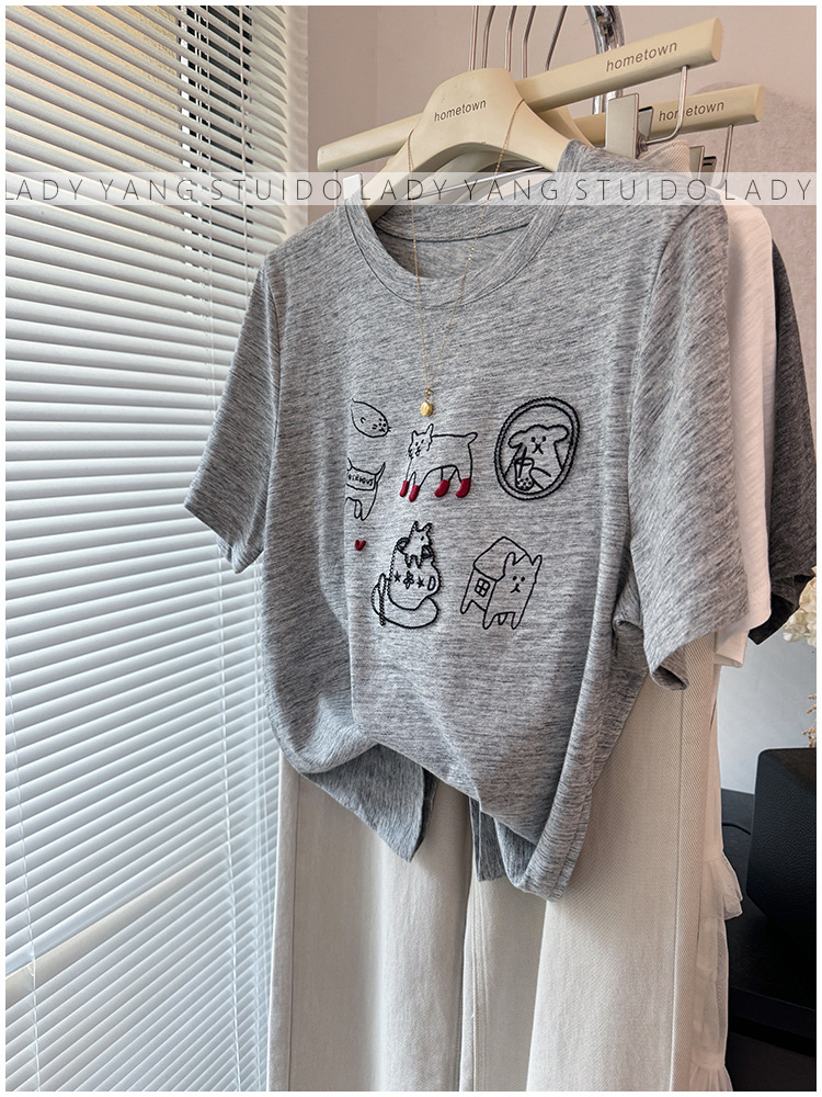 🩷chic新裝! 明線刺繡可愛小貓竹節棉薄款T恤：圖片 8
