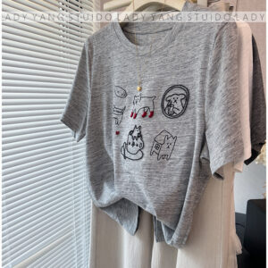🩷chic新裝! 明線刺繡可愛小貓竹節棉薄款T恤：圖片 9