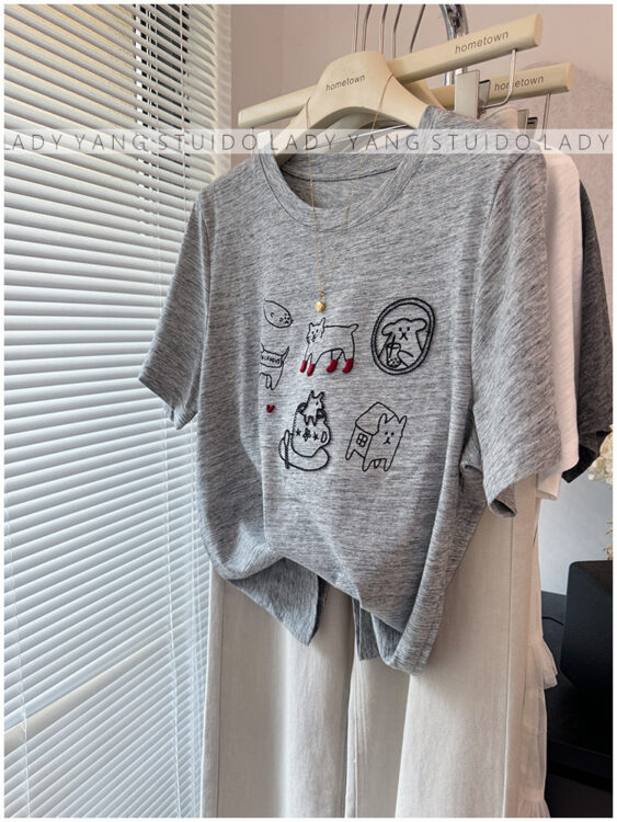 🩷chic新裝! 明線刺繡可愛小貓竹節棉薄款T恤