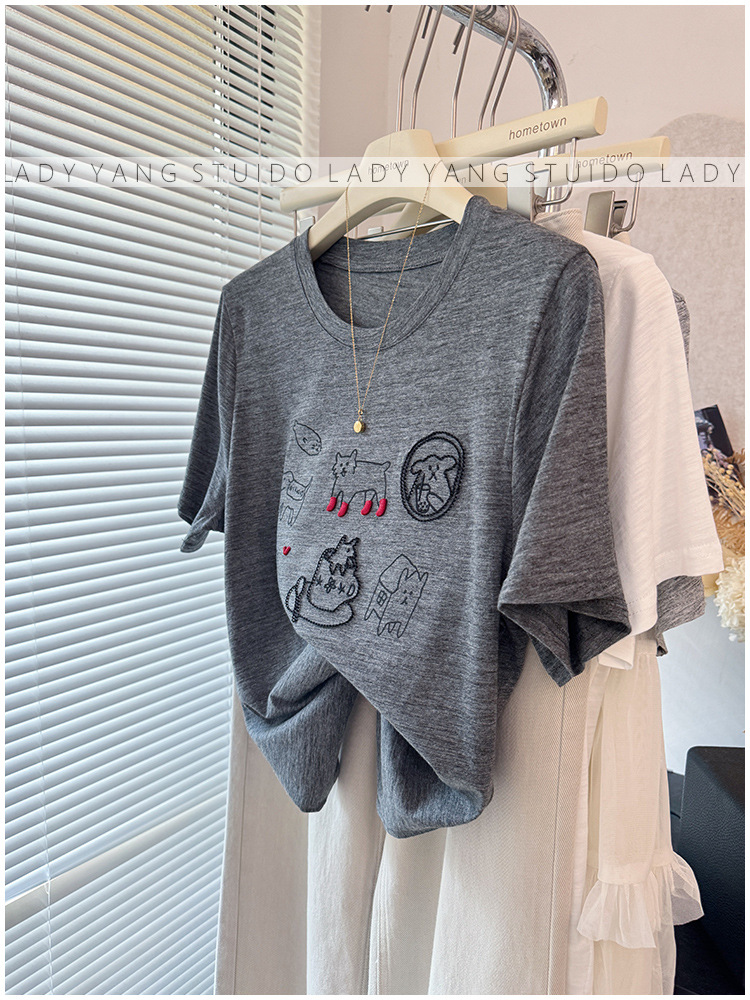 🩷chic新裝! 明線刺繡可愛小貓竹節棉薄款T恤：圖片 15