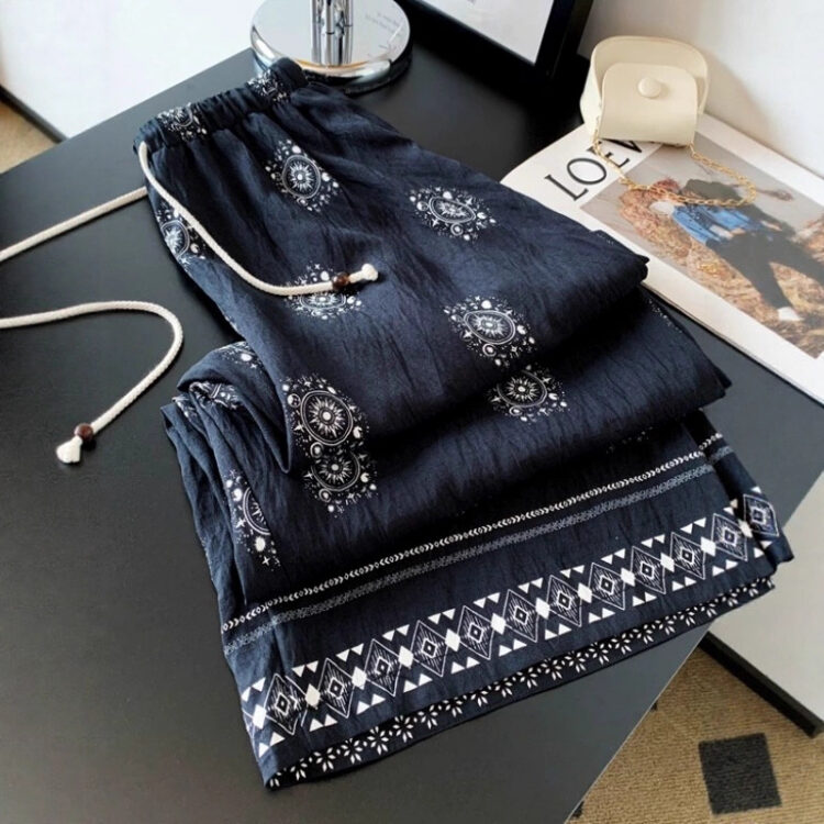 🩷chic新裝! 度假風串珠抽繩亞麻闊腳褲