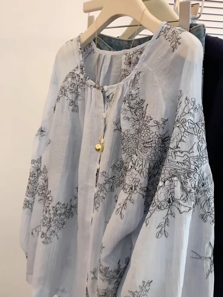 🩷chic新裝! 高級感寬鬆慵懶風刺繡藍色長袖襯衫：圖片 2