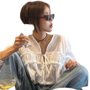 🩷chic新裝! 韓系褶皺花邊裝飾長袖襯衫：圖片 5