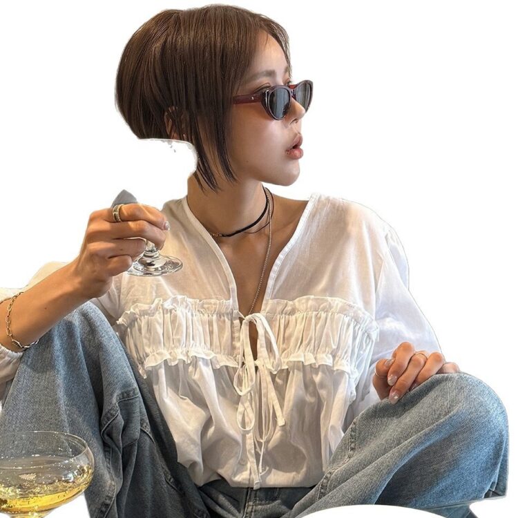 🩷chic新裝! 韓系褶皺花邊裝飾長袖襯衫