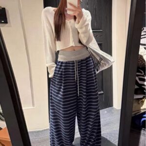 🩷chic新裝! 韓國慵懶感高腰條紋闊腿長褲：圖片 5