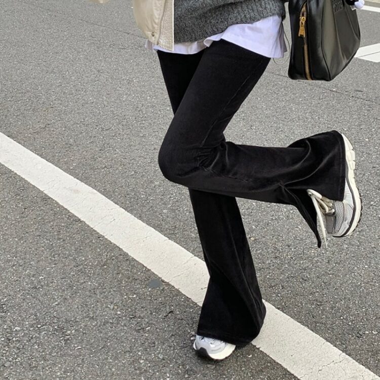 🩷chic新裝! 小眾芯絨高腰修身微喇叭開叉褲