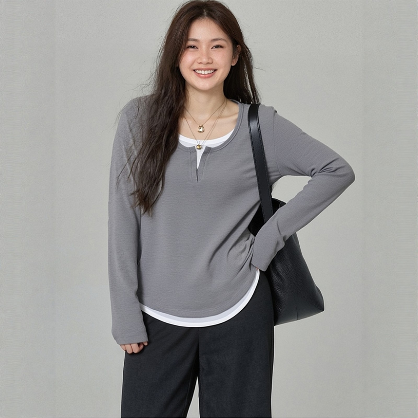 PLUS SIZE💗假兩件顯瘦針織T恤：圖片 12