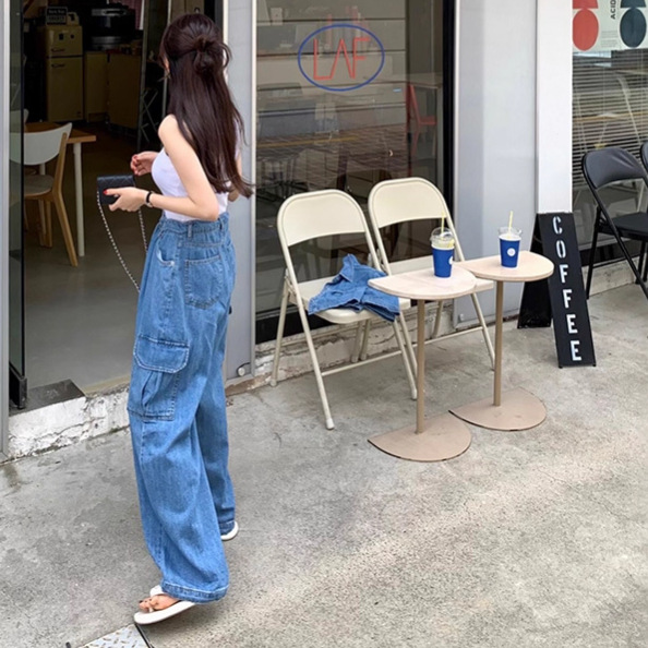 🩷chic新裝! 韓國春秋新款抽繩收腰闊腿牛仔褲