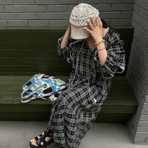 🩷chic新裝! 韓系格紋花邊拼接lace寬鬆連衣裙：圖片 1