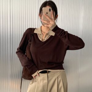 🩷chic新裝! 韓系小眾拼接撞色長袖針織衫：圖片 5