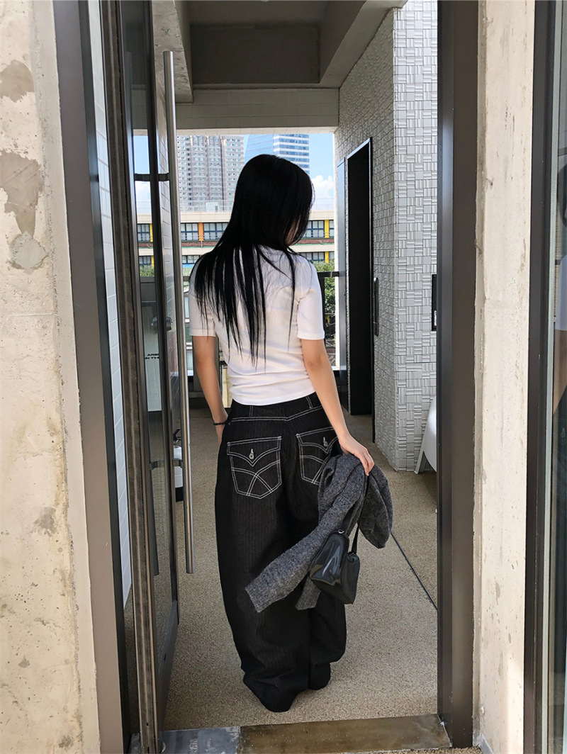 韓國小眾設計暗紋復古寬鬆闊腿工裝褲：圖片 7