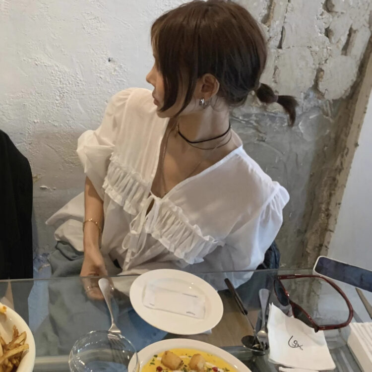 🩷chic新裝! 韓系褶皺花邊裝飾長袖襯衫