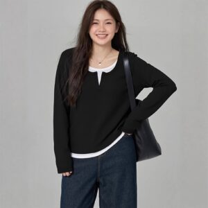 PLUS SIZE💗假兩件顯瘦針織T恤：圖片 1