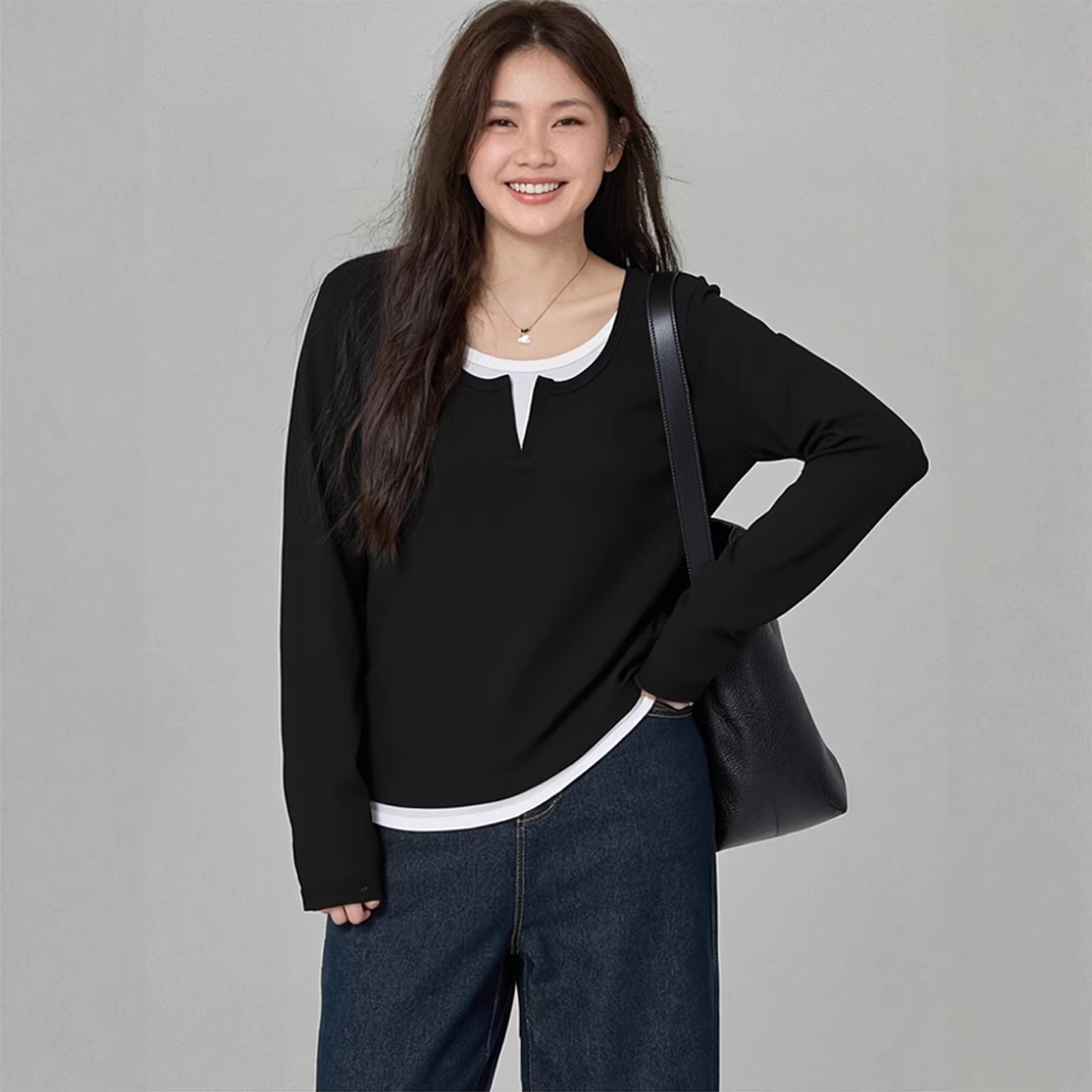 PLUS SIZE💗假兩件顯瘦針織T恤：圖片 1