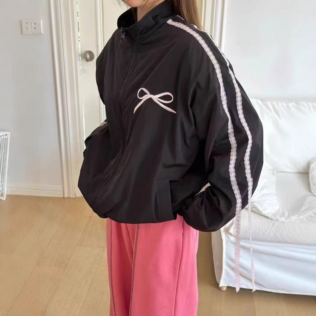 🩷chic新裝! 韓版企領拉鍊條紋蝴蝶結短JK：圖片 3