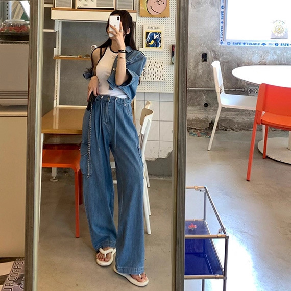 🩷chic新裝! 韓國春秋新款抽繩收腰闊腿牛仔褲