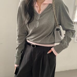 🩷chic新裝! 韓系小眾拼接撞色長袖針織衫：圖片 4