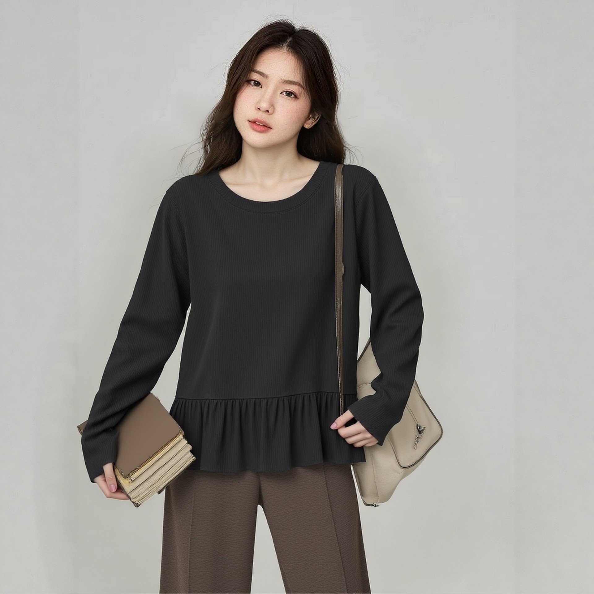 PLUS SIZE💗大碼荷葉邊坑條打底衫：圖片 7