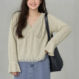 PLUS SIZE💗春秋款喇叭袖V領lace上衣：圖片 1