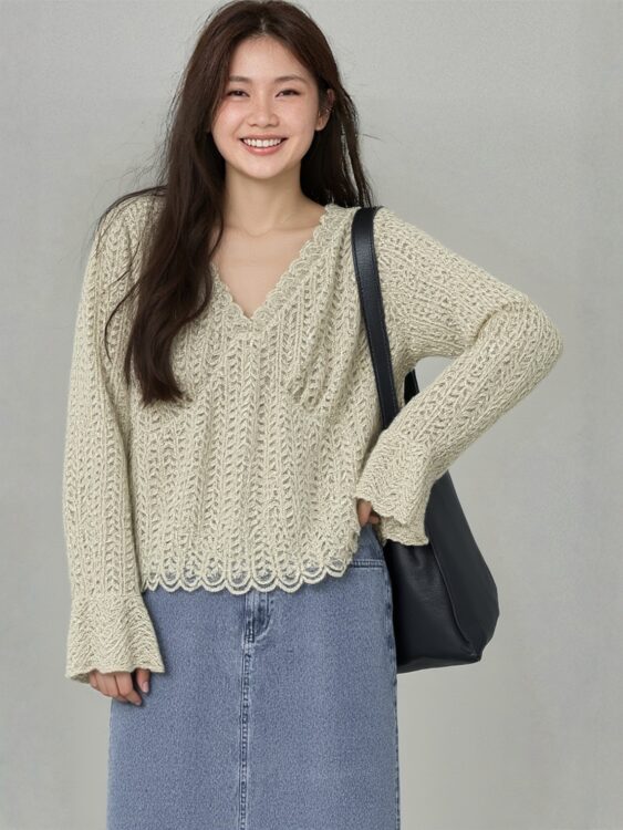 PLUS SIZE💗春秋款喇叭袖V領lace上衣