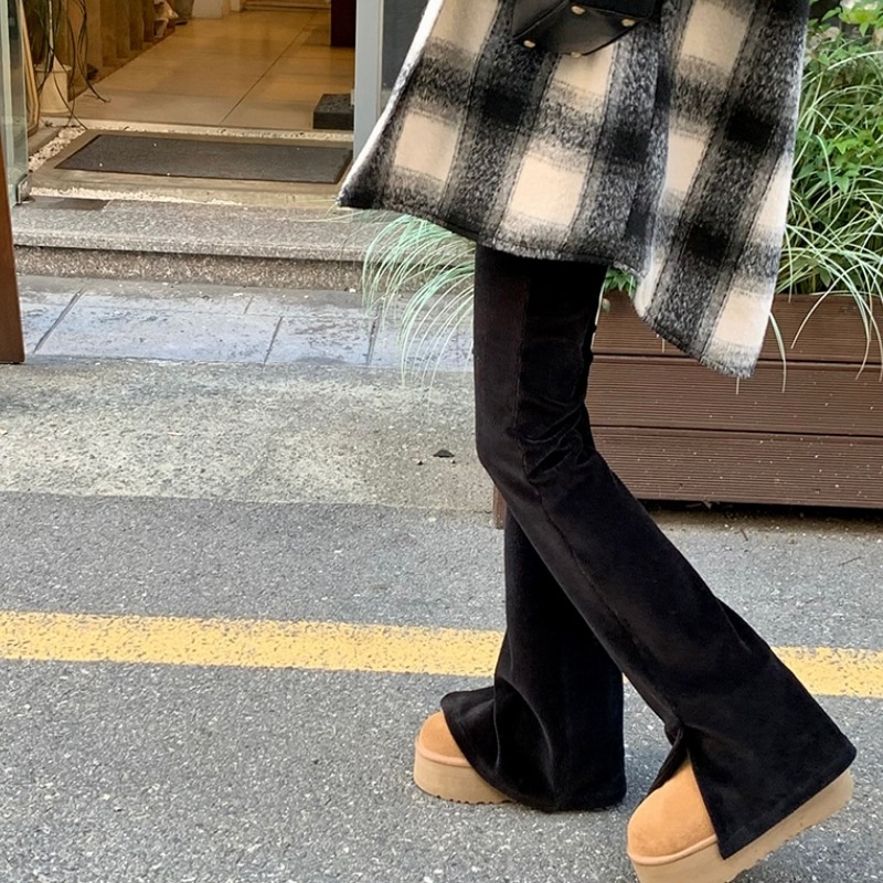 🩷chic新裝! 小眾芯絨高腰修身微喇叭開叉褲：圖片 4