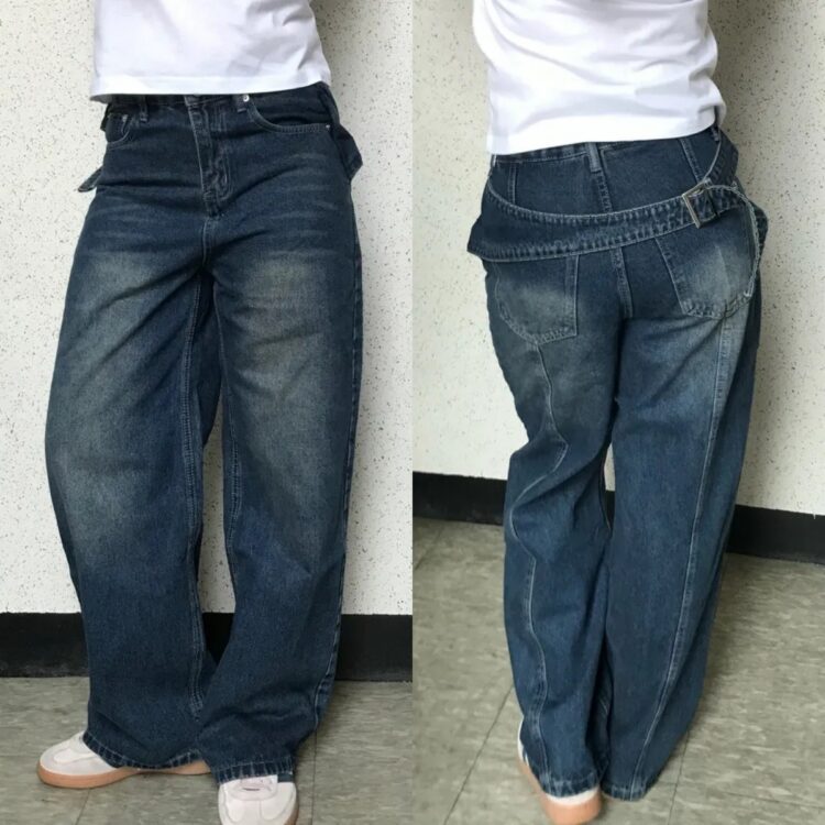 🩷chic新裝! 美式復古錯位腰帶闊腳牛仔褲