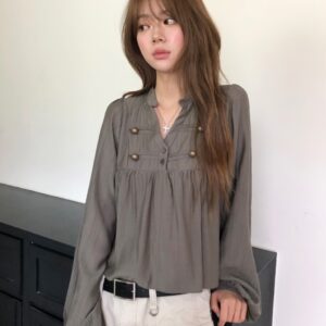韓國chicV領雙排扣褶皺泡泡袖上衣：圖片 2