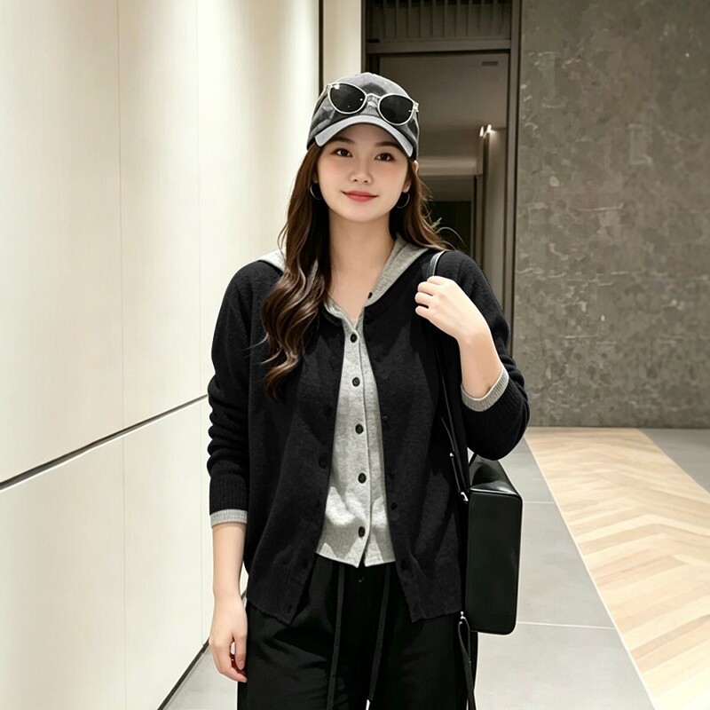 PLUS SIZE💗秋裝高級感假兩件連帽針織外套：圖片 7
