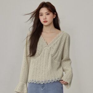 PLUS SIZE💗春秋款喇叭袖V領lace上衣：圖片 2