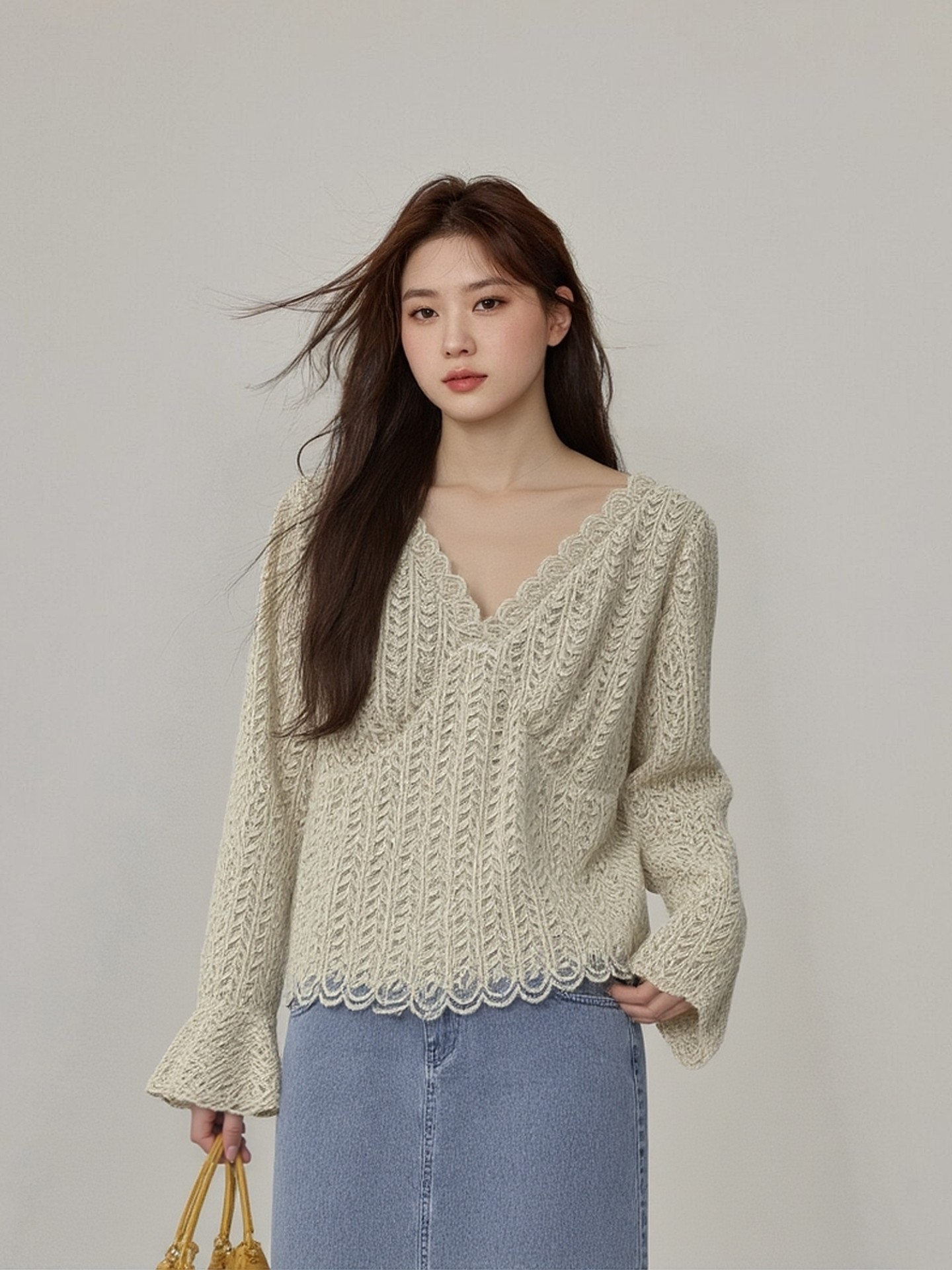 PLUS SIZE💗春秋款喇叭袖V領lace上衣：圖片 2