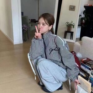 🩷chic新裝! 韓版企領拉鍊條紋蝴蝶結短JK：圖片 2