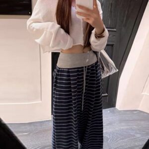 🩷chic新裝! 韓國慵懶感高腰條紋闊腿長褲：圖片 2