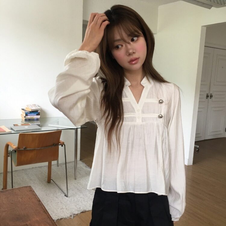 韓國chicV領雙排扣褶皺泡泡袖上衣