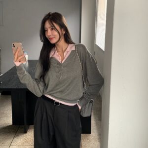 🩷chic新裝! 韓系小眾拼接撞色長袖針織衫：圖片 6