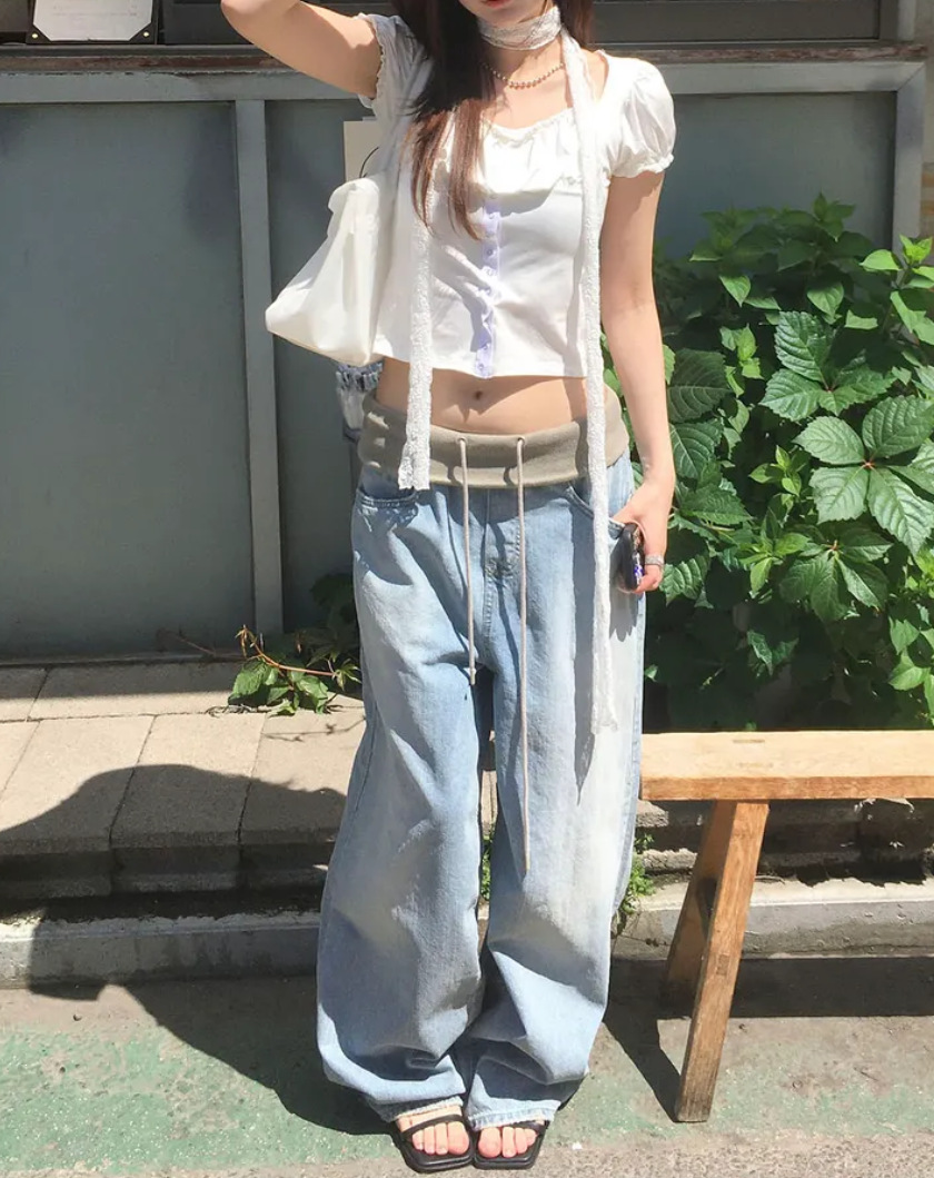 🩷chic新裝! 韓系寬褲頭垂感寬鬆闊腳牛仔褲：圖片 4