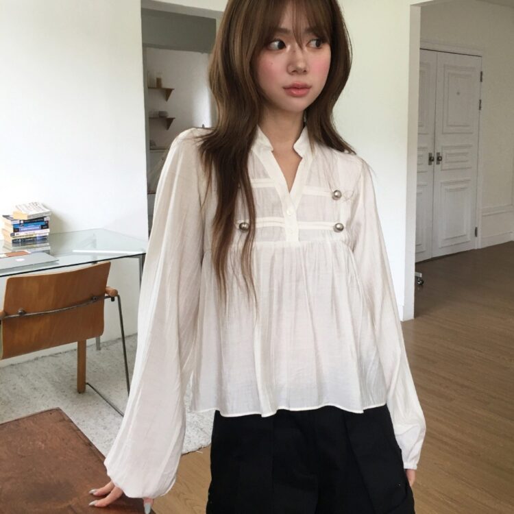 韓國chicV領雙排扣褶皺泡泡袖上衣